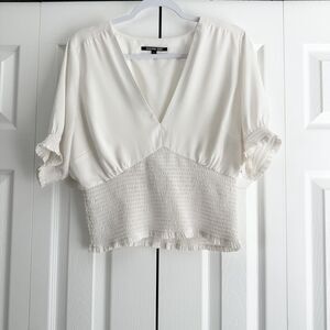 Gianni Bini Blouse Size XL Ivory Delia Smocked V-Neck Cropped Peasant Boho Style